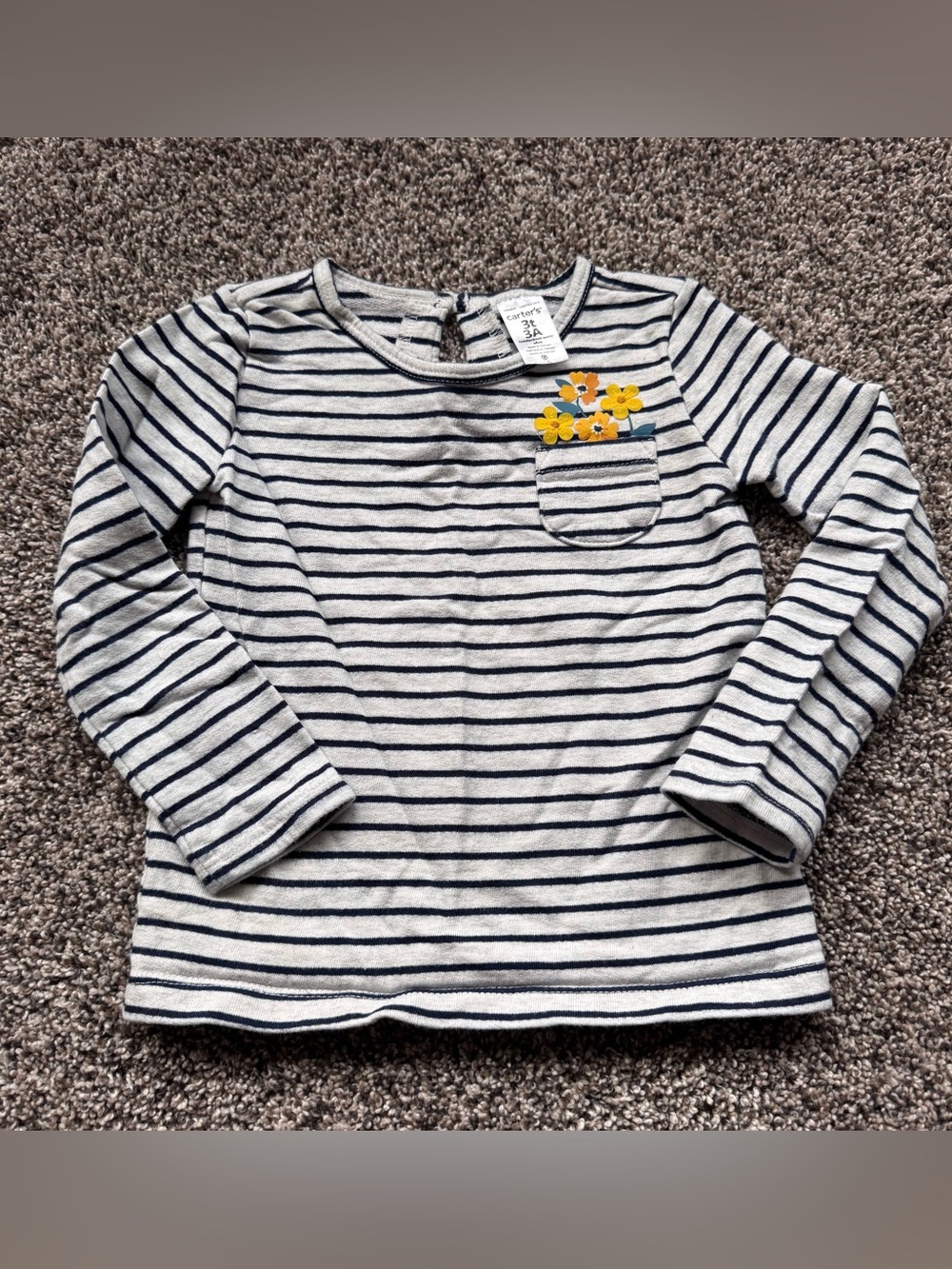 Striped Navy & Cream Long-Sleeve Kids Top with Yellow Flower Accent